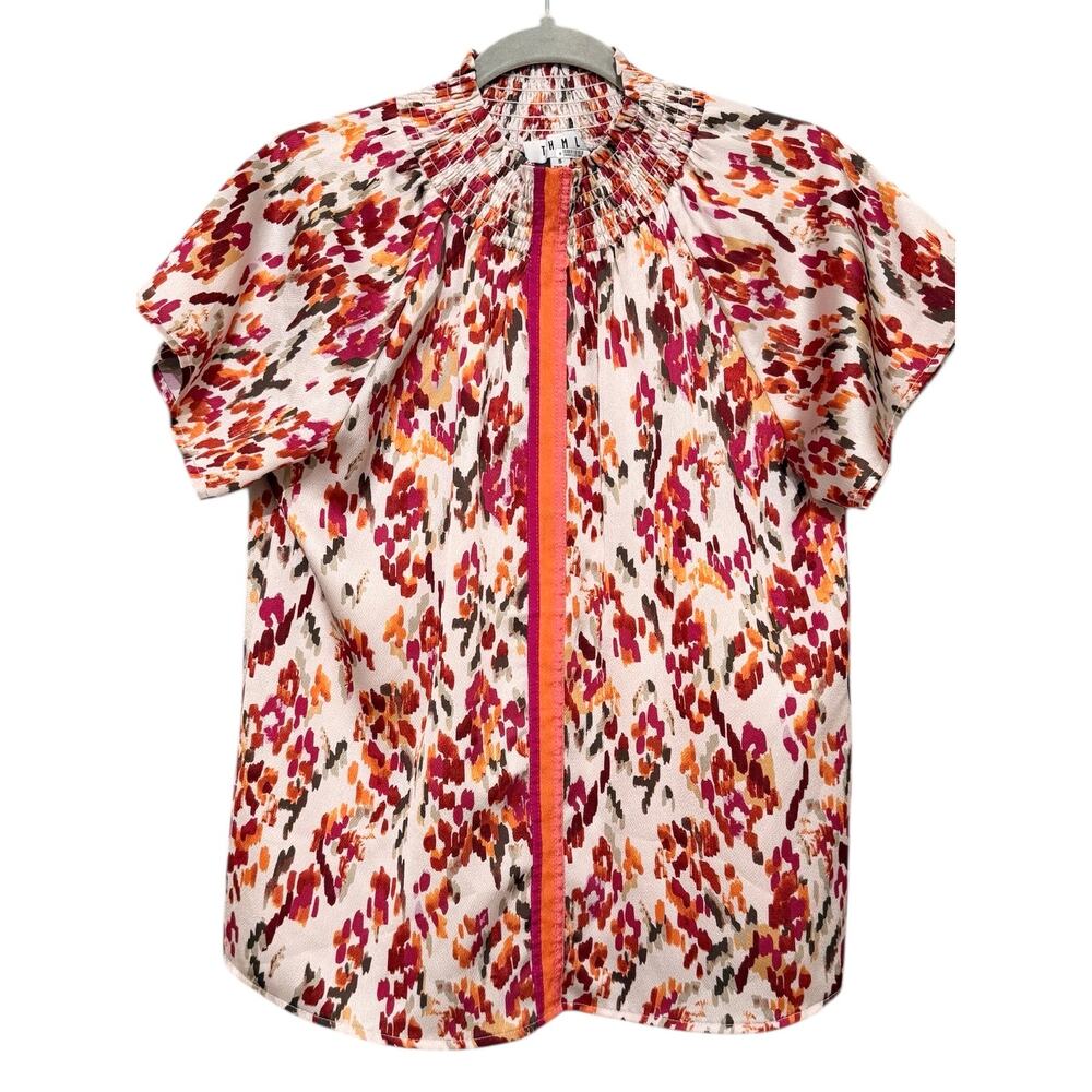 THML Ruffle Sleeve Flower Print Top Fall Colorblock Stripe Detail Smocking S
